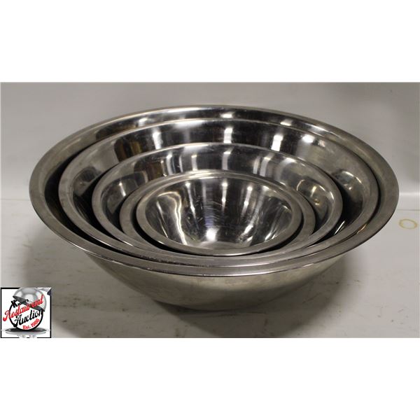 FIVE STAINLESS STEEL MIXING BOWLS