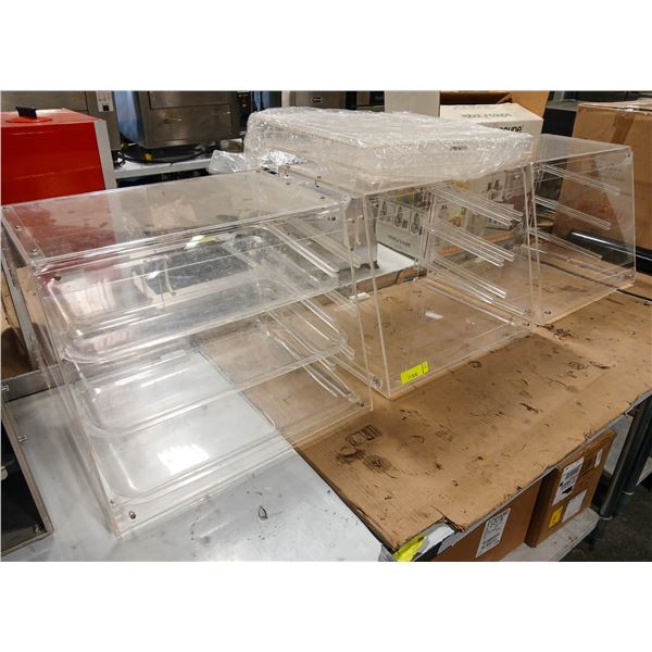 THREE ACRYLIC DRY FOOD DISPLAYS W/ EXTRA PARTS