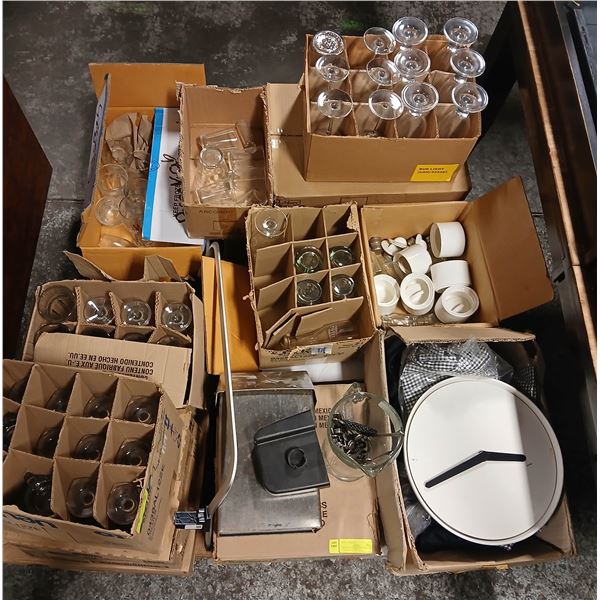 PALLET OF ASSORTED GLASSWARE AND RESTAURANT MISC.