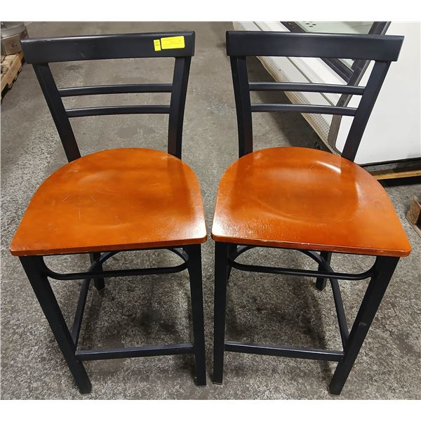 2 METAL BAR HEIGHT CHAIRS W/ WOODEN SEATS