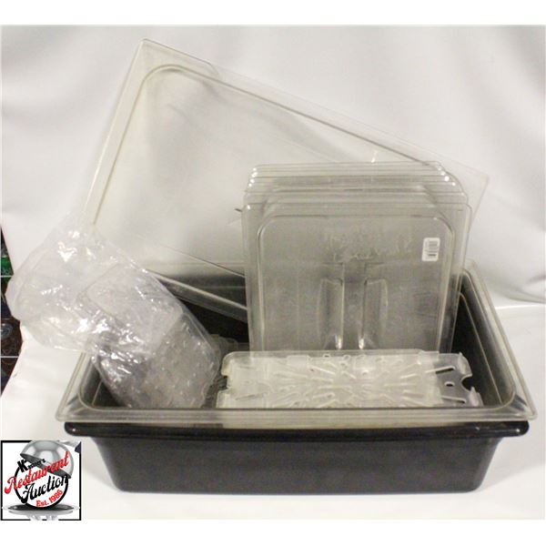 2 FULL-SIZE POLY INSERTS W/ ASSORTED POLY LIDS AND
