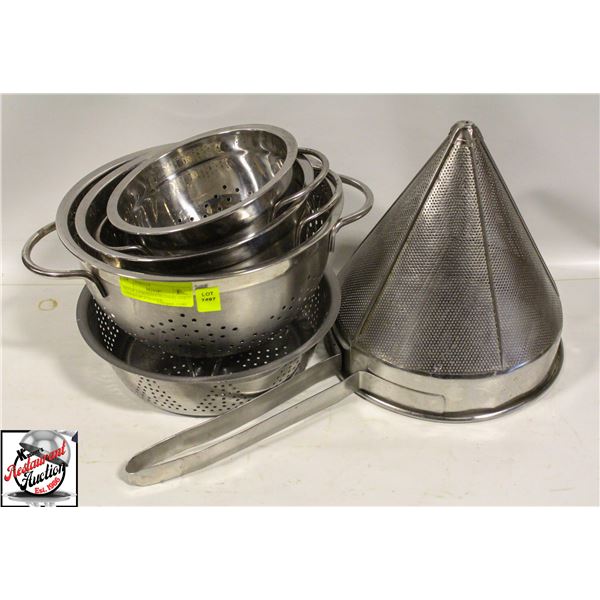 SET OF 3 FOOTED STRAINERS AND 1 CHINA CAP STRAINER