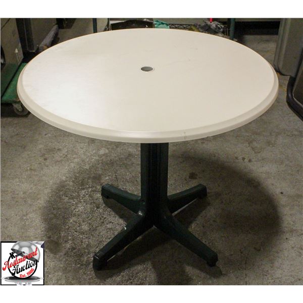 TWO NEW 48" ROUND WHITE TABLES W/ GREEN RESIN