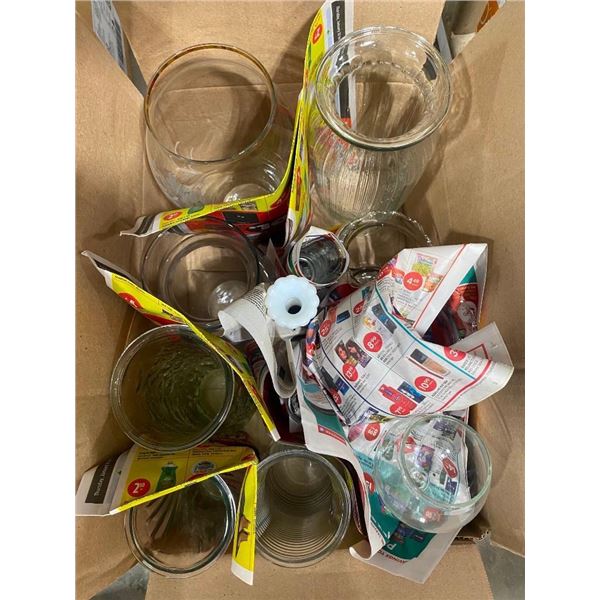 BOX OF ASSORTED GLASSWARE AND DISHES