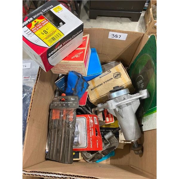 BOX LOT OF ASSORTED CAR PARTS, ETC.