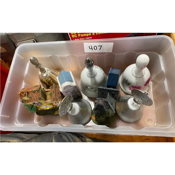 BOX OF ASSORTED COLLECTABLE BELLS AND COUPLE FIGURES