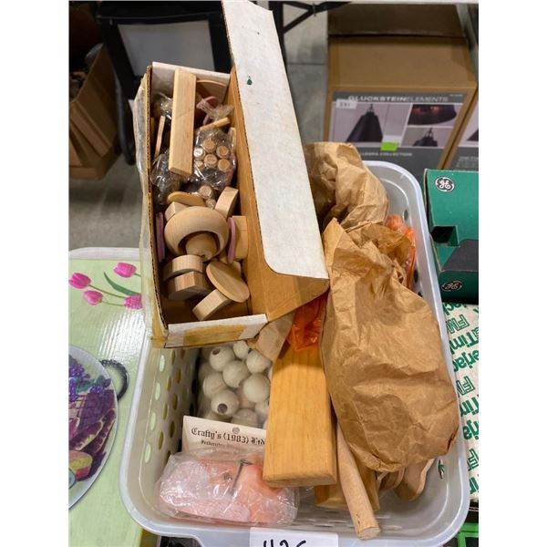 BOX LOT OF WOOD KNOBS, TINY SPINDLES, ETC.