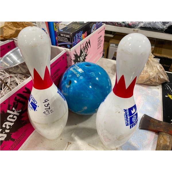 TWO BOWLING PINS AND 3-FINGER BOWLING BALL