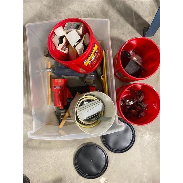 BOX LOT OF 2 BRAD NAILERS, NAILS, CLAMPS, ETC.
