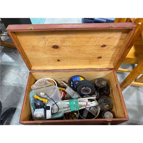 WOODEN CHEST FULL OF ASSORTED SUPPLIES
