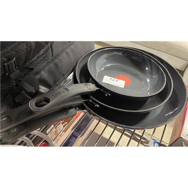 3-PC T-FAL PAN SET - LARGE 1 IS USED BUT OTHER 2 ARE NOT