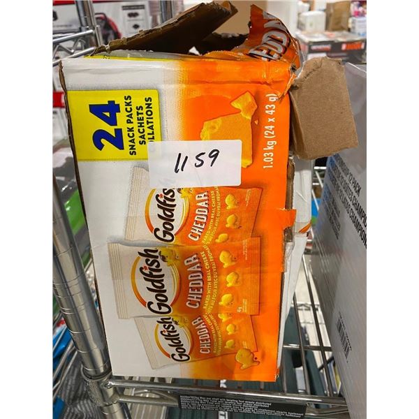 APPROX. 24 PACKS OF CHEDDAR GOLDFISH - BOX IS DENTED A BIT SO FEW MAY BE CRUSHED