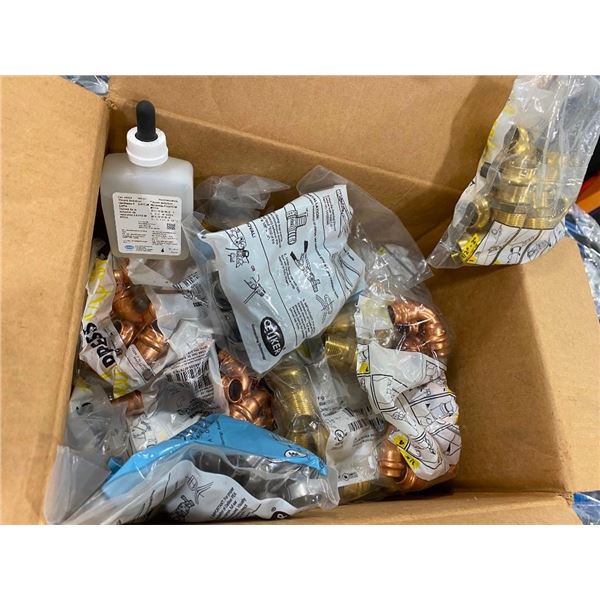 BOX OF ASSORTED PLUMBING ENDS, ELBOWS, CONNECTORS, CLAMPS, ETC