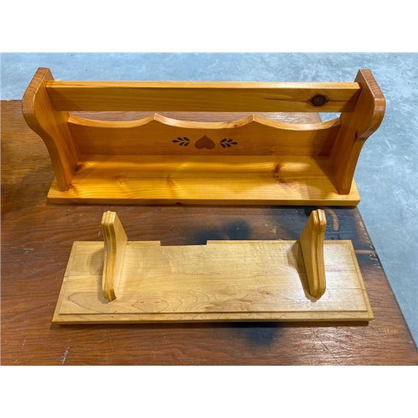 TWO WOODEN WALL SHELVES