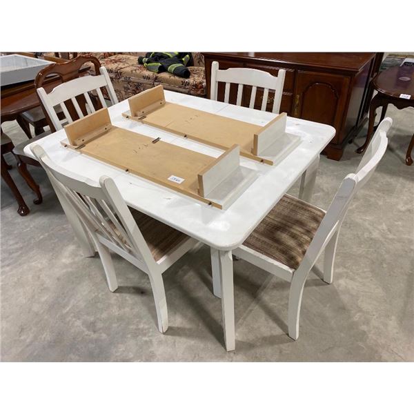 WOODEN TABLE WITH 4 CHAIRS - 46X35IN PLUS 2 LEAFS - TOP HAS A FEW SCRATCHES