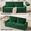 Image 3 : NIB - Green Loveseat Sofa, Larger Couch Velvet Fabric with Storage, Charging Ports, Heightened Backr