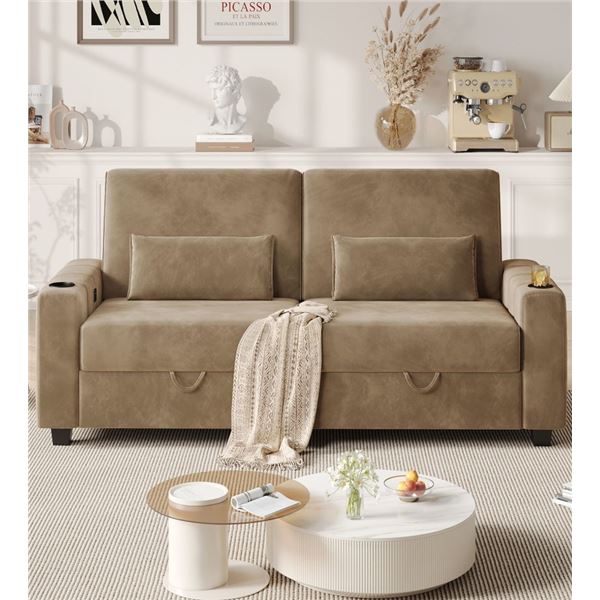 NIB - Tan Loveseat Sofa, Larger Couch Velvet Fabric with Storage, Charging Ports, Heightened Backres