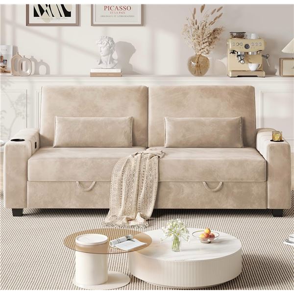 NIB - Beige Loveseat Sofa, Larger Couch Velvet Fabric with Storage, Charging Ports, Heightened Backr