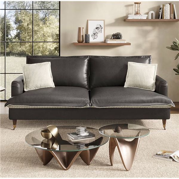NIB - Gray COPIAE 84 Inch Roll Arm Loveseat Sofa Reversible Faux Leather Upholstered Couch with Deep