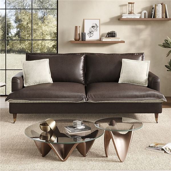 NIB - Dark Brown COPIAE 84 Inch Roll Arm Loveseat Sofa Reversible Faux Leather Upholstered Couch wit