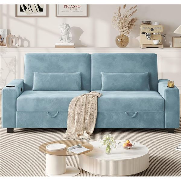 NIB - Light Blue Loveseat Sofa, Larger Couch Velvet Fabric with Storage, Charging Ports, Heightened 