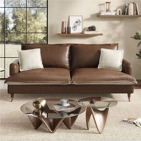 NIB - Brown COPIAE 84 Inch Roll Arm Loveseat Sofa Reversible Faux Leather Upholstered Couch with Dee