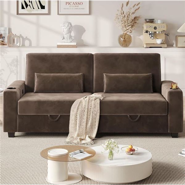 NIB - Brown Loveseat Sofa, Larger Couch Velvet Fabric with Storage, Charging Ports, Heightened Backr