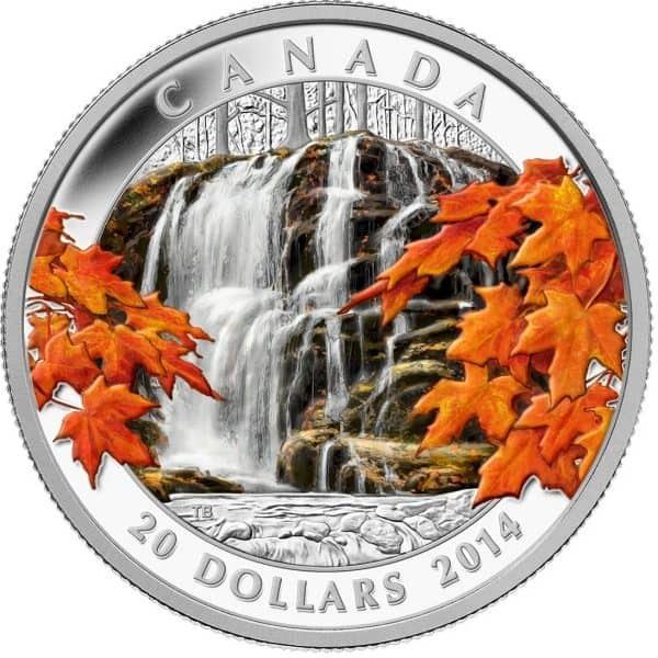 2014 CANADA $20 AUTUMN FALLS 1 OZ FINE SILVER