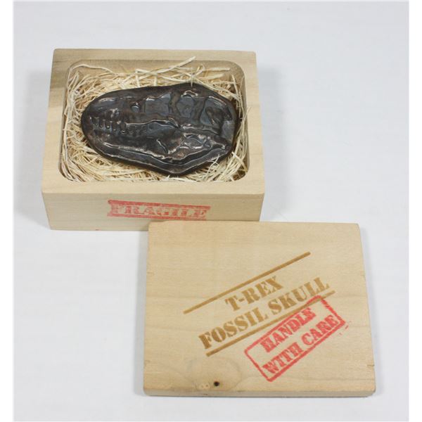 3 OZ. T-REX FOSSIL SKULL SILVER ART PIECE IN