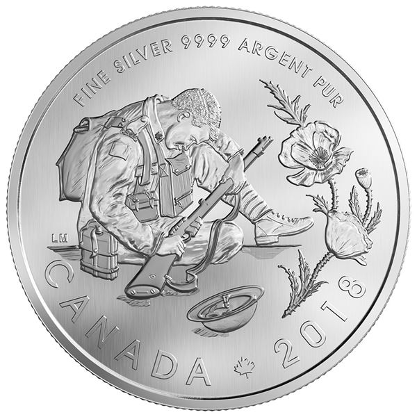 2018 CANADA $10 ARMISTICE 1/2 OZ FINE SILVER IN