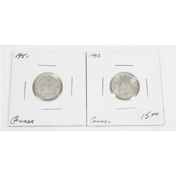 1951 AND 1952 CANADA 10 CENT SILVER DIMES. 2 PC