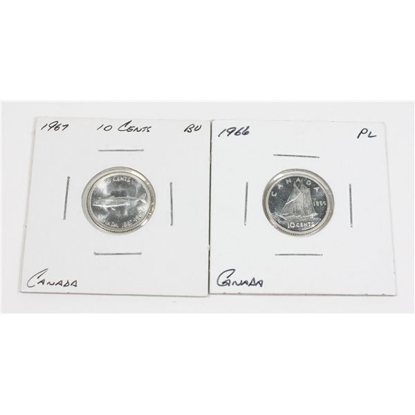1966 AND 1967 CANADA 10 CENT SILVER DIMES. 2 PC