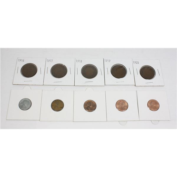 5 CANADA LARGE CENTS 1916-1920 5 USA SMALL CENTS
