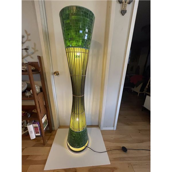 Hourglass Shaped Floor Lamp – Green Mosaic Tile Top and Bottom w/ Slender Bamboo Columns