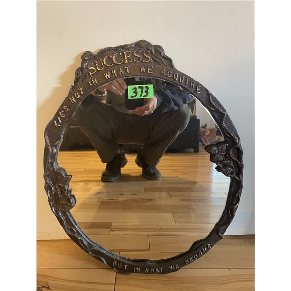 Heavy Cast Framed Oval Wall Mirror w/ Motivational Inscription, 20”x 16”