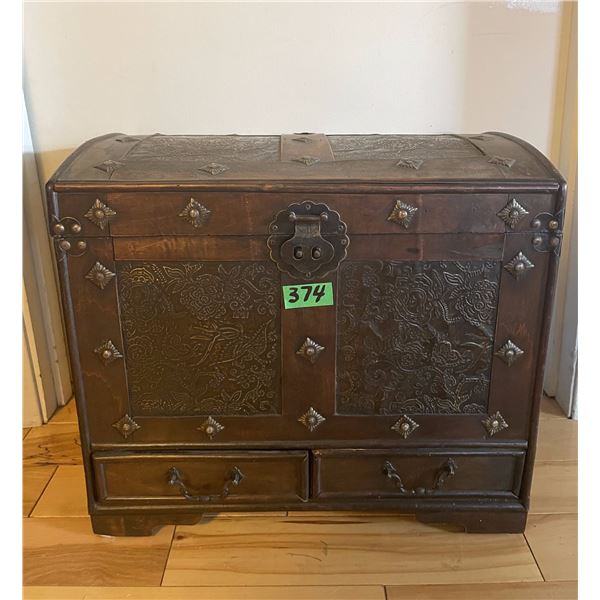 Vintage Wooden Domed Chest w/ Pattered Inserts, Decorative Studs, Corner Brackets, Small Bottom Draw