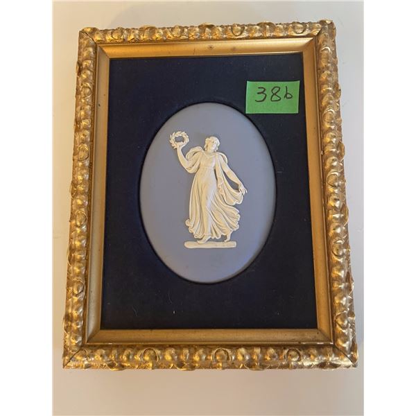 Vintage Wedgewood Blue Jasperware Oval Cameo Plaque.  Dancing Figure Holding Wreath Mounted on Blue 