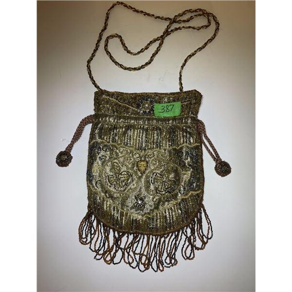 Vintage Gold-Toned Hand Beaded Crossbody Evening Bag w/ Drawstring & Snap Closure, Intricate Beading