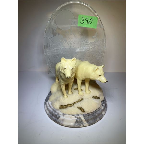 “Niteglow” Collectors Figurine feat. Two Wolves w/ Etched Glass Moon Panel Backgro