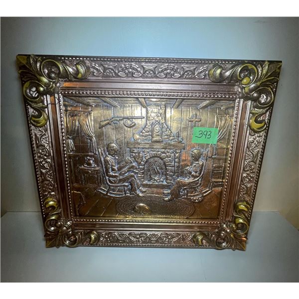 Albert Nadeau (Quebec) Signed Copper Repoussé Folk Art Plaque “Fireplace Evening” 