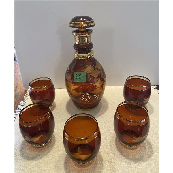 Vintage Czechoslovakia Etched Glass Decater and (5) Glasses.  Deer & Tree Pattern w/ Gold Gilt (no w