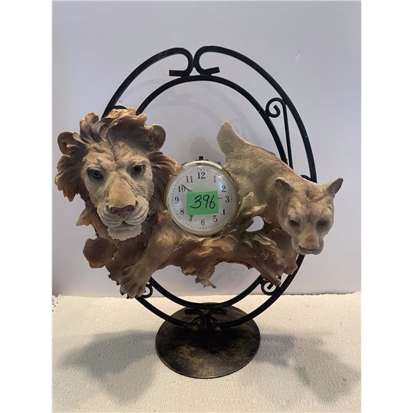 Rare Vintage Lion Figurine Quartz Mantle Clock.  Black Metal Scroll Work Frame Complete w/ Working P