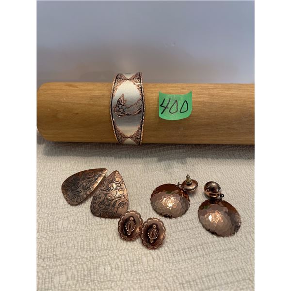 Collection of Vintage Copper Jewelry:  Solid Angled Cuff Bracelet, Teardrop Etched Motif Earrings, H