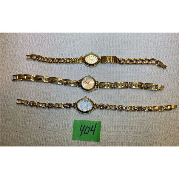 (3) Ladies Watches:  Quartz Analog Watch, Quartz Watch w/ Pink Stones inset in Bracelet & Mother of 