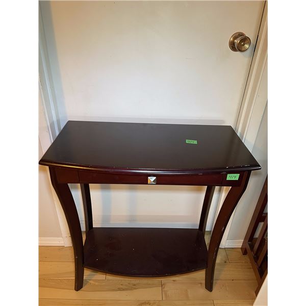Dark Wood Sofa Side Table w/ Curved Legs.  Single Drawer, Open Bottom Shelf, 12”x 28[x=#822