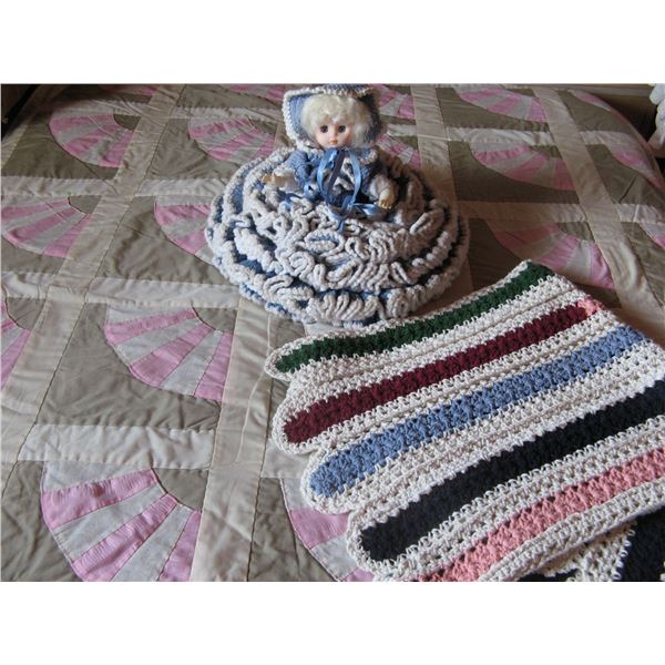 Homemade Quilt, Crochet Lap Blanket & Bed Doll