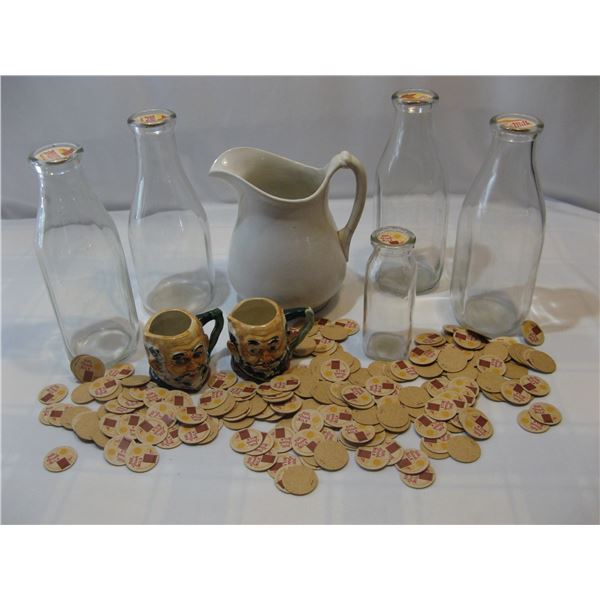 Lot of Milk Bottles, Milk Caps, Toby Mugs, Stoneware Pitcher