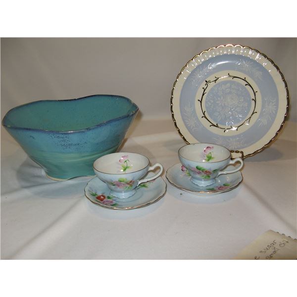 Pottery Bowl, Trimont Cups & Saucers, Wood & Sons Plate