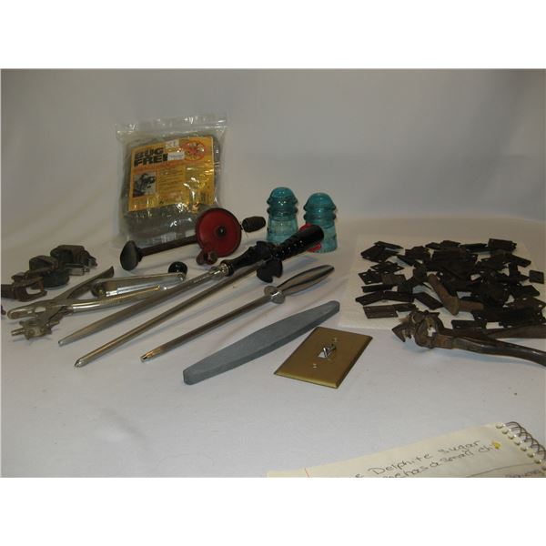 Lot of Misc. Tools, Sharpening Hones, Hinges, Bug Jacket