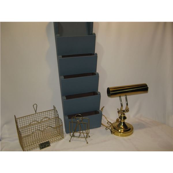 Vintage Office Organizer Items & Brass Lamp